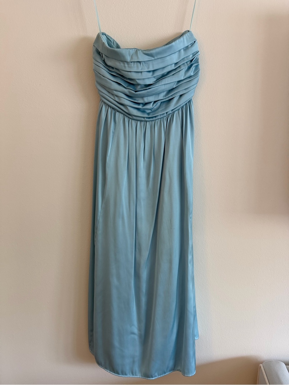 Satin Emerson Ruched Strapless Midi Dress in Blue - Picture 2 of 7